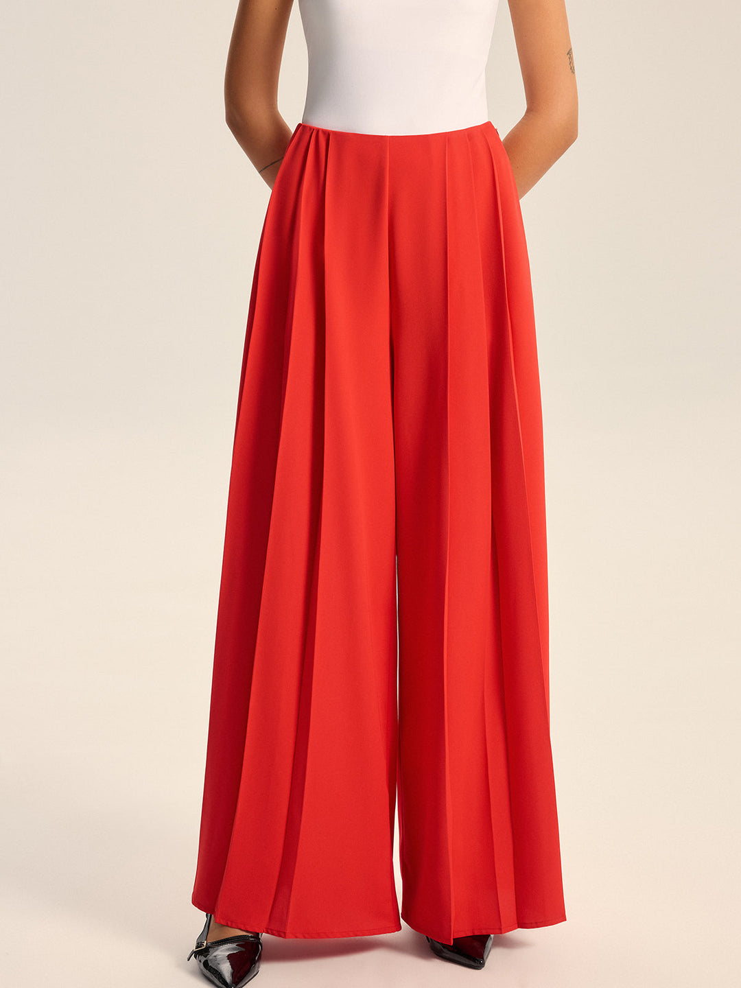 Pantalons Larges Plissés Taille Mi-haute