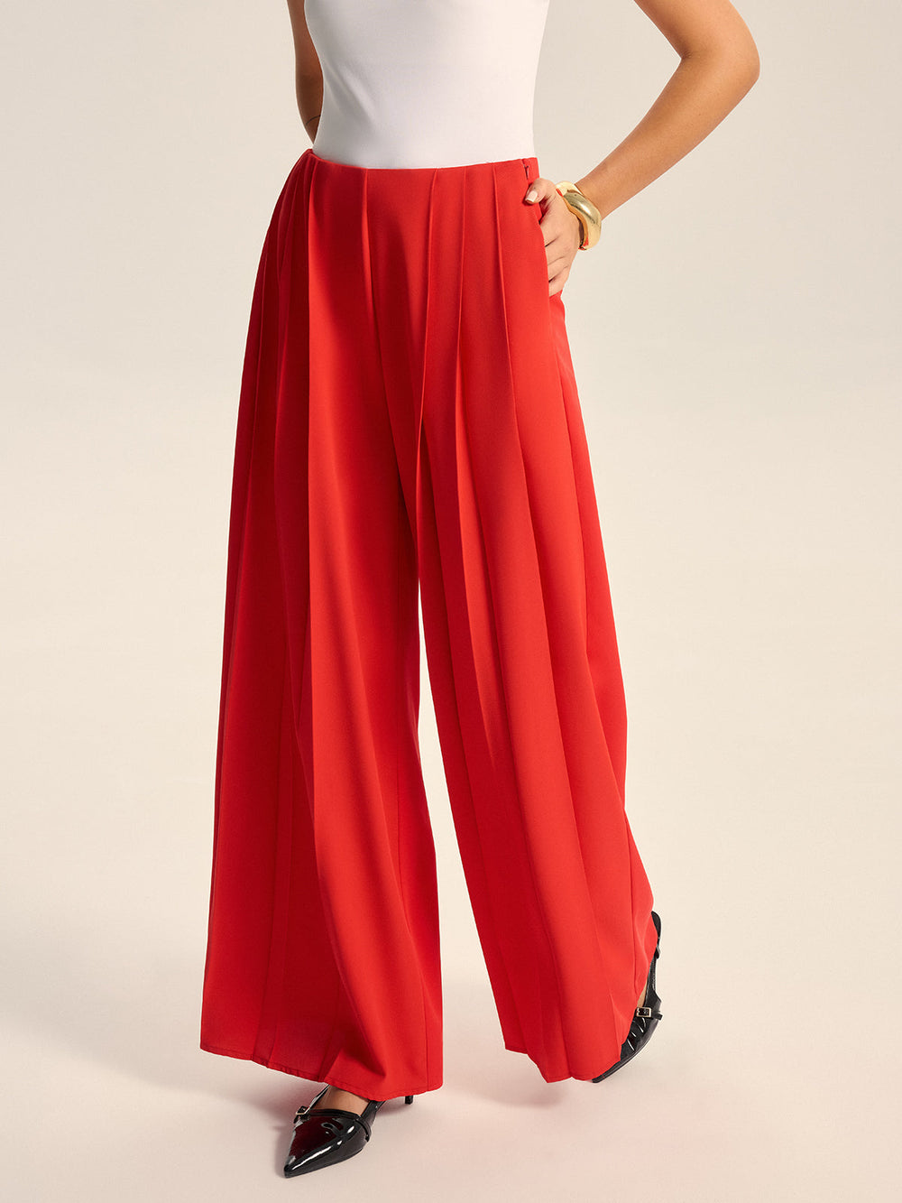 Pantalons Larges Plissés Taille Mi-haute