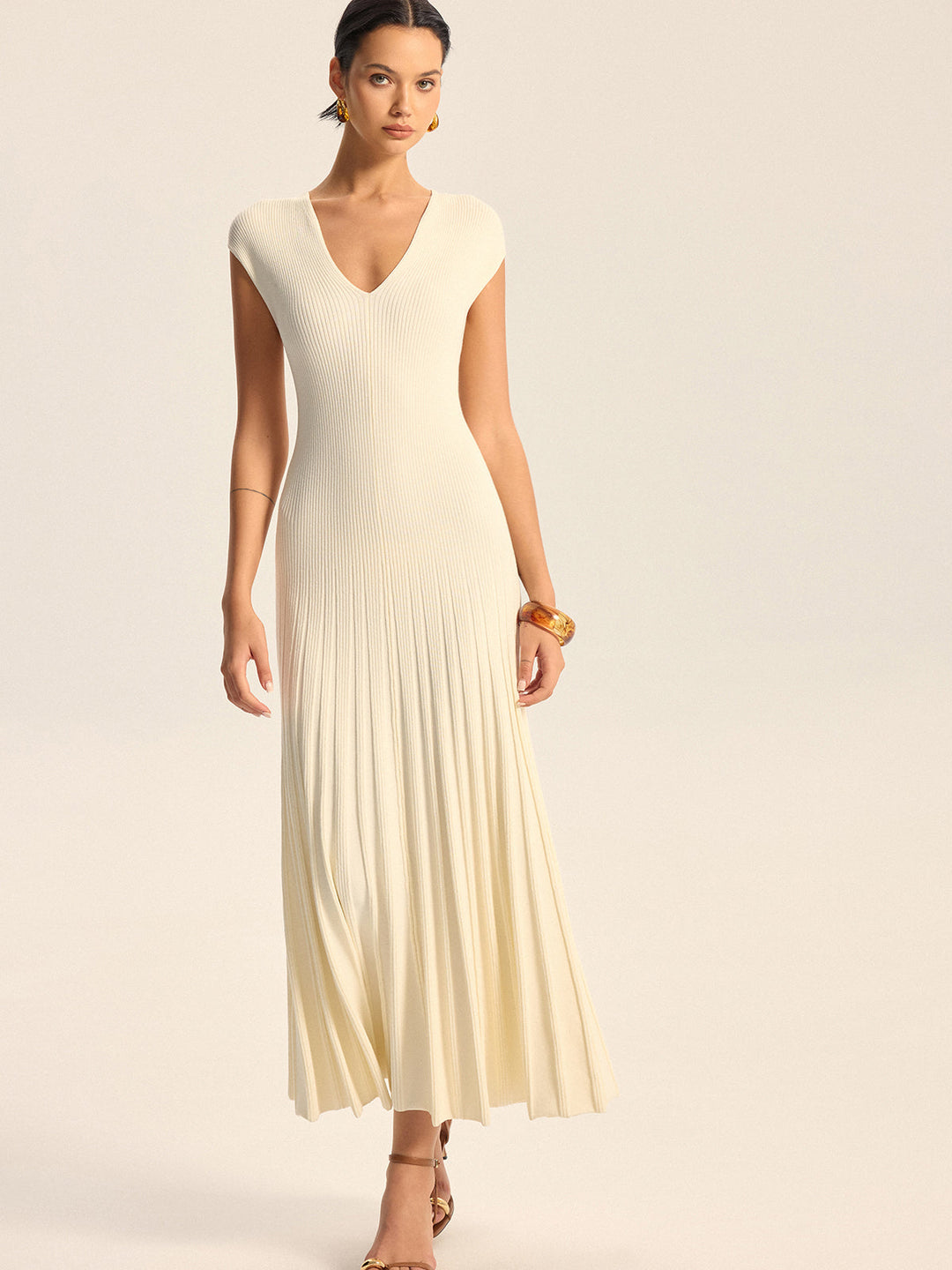 Robe Mi-longue Ajustée en Tricot Nervuré à Col en V Sans Ceinture