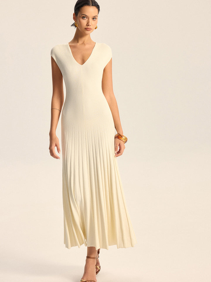 Robe Mi-longue Ajustée en Tricot Nervuré à Col en V Sans Ceinture