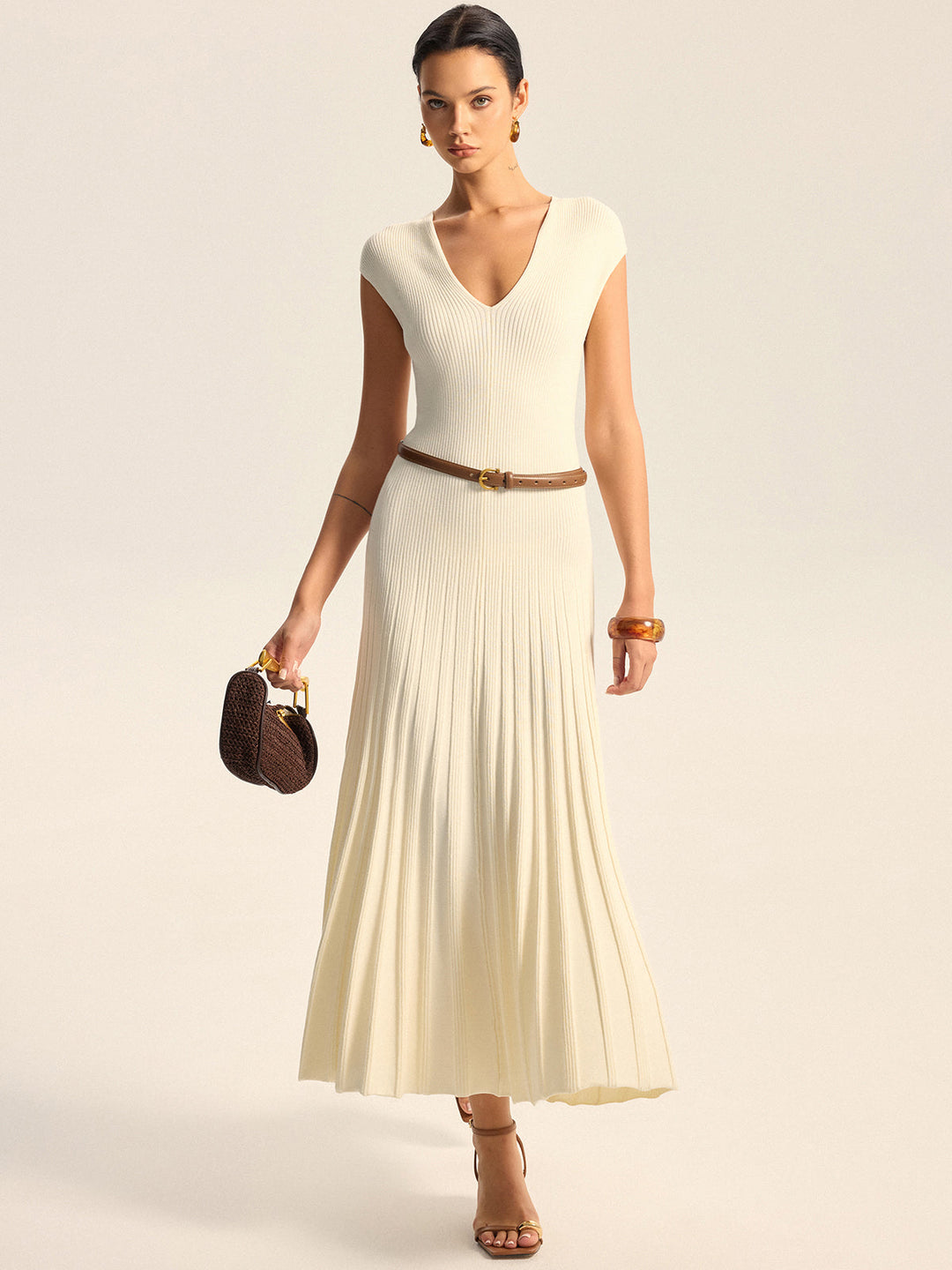 Robe Mi-longue Ajustée en Tricot Nervuré à Col en V Sans Ceinture