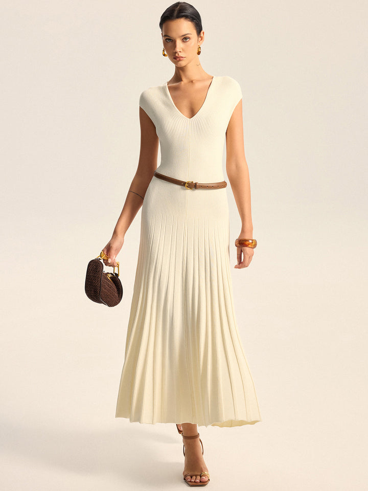 Robe Mi-longue Ajustée en Tricot Nervuré à Col en V Sans Ceinture