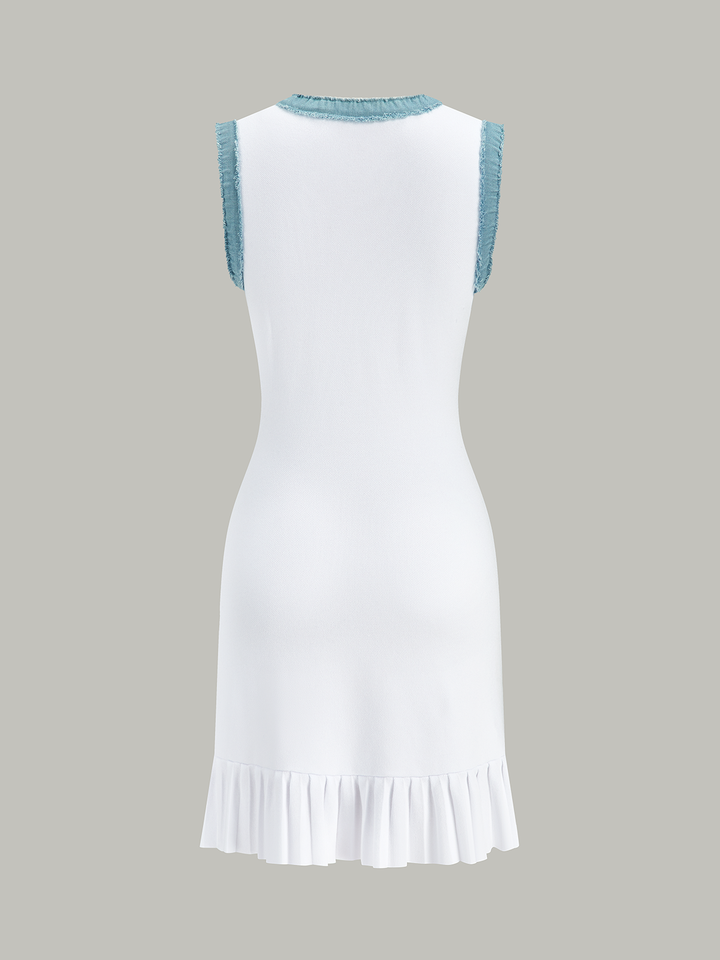 Robe Midi Boutonnée à Volants avec Garniture en Denim