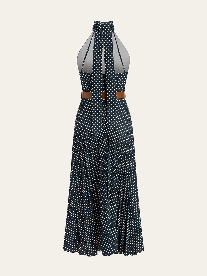 Robe Mi-longue à col Bardot et Ceinture à Pois