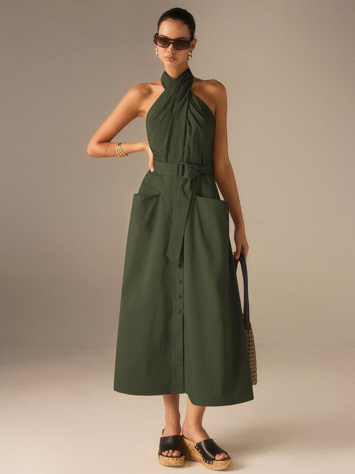 Robe Mi-longue plissée à col bénitier avec ceinture