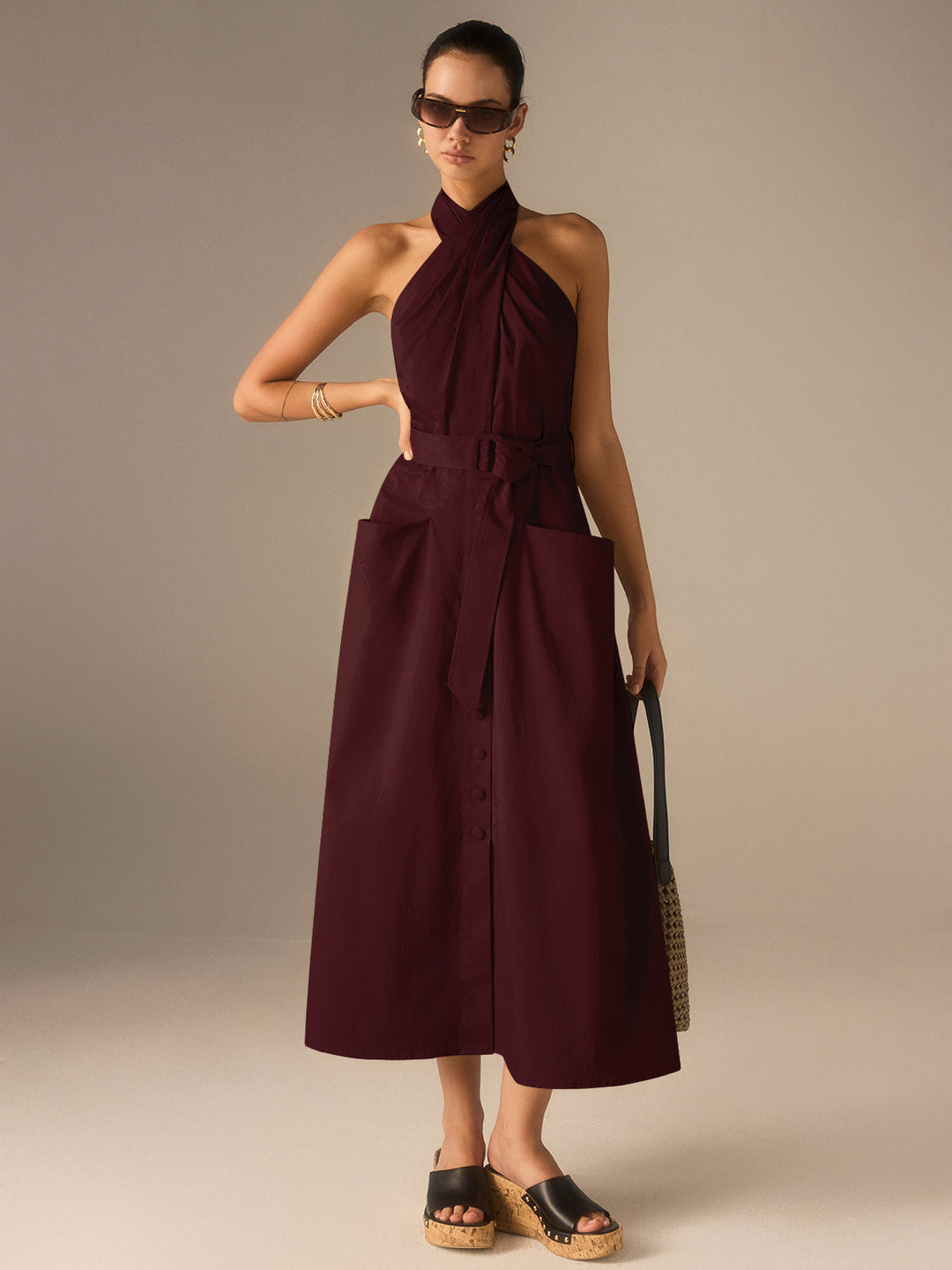 Robe Mi-longue plissée à col bénitier avec ceinture