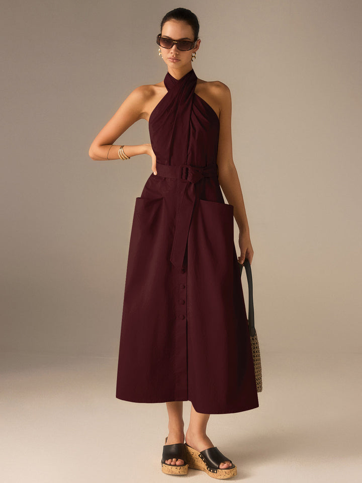 Robe Mi-longue plissée à col bénitier avec ceinture