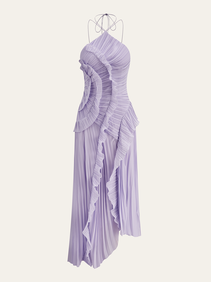 Robe Longue Maxi à Volants Plissés et Colhalter