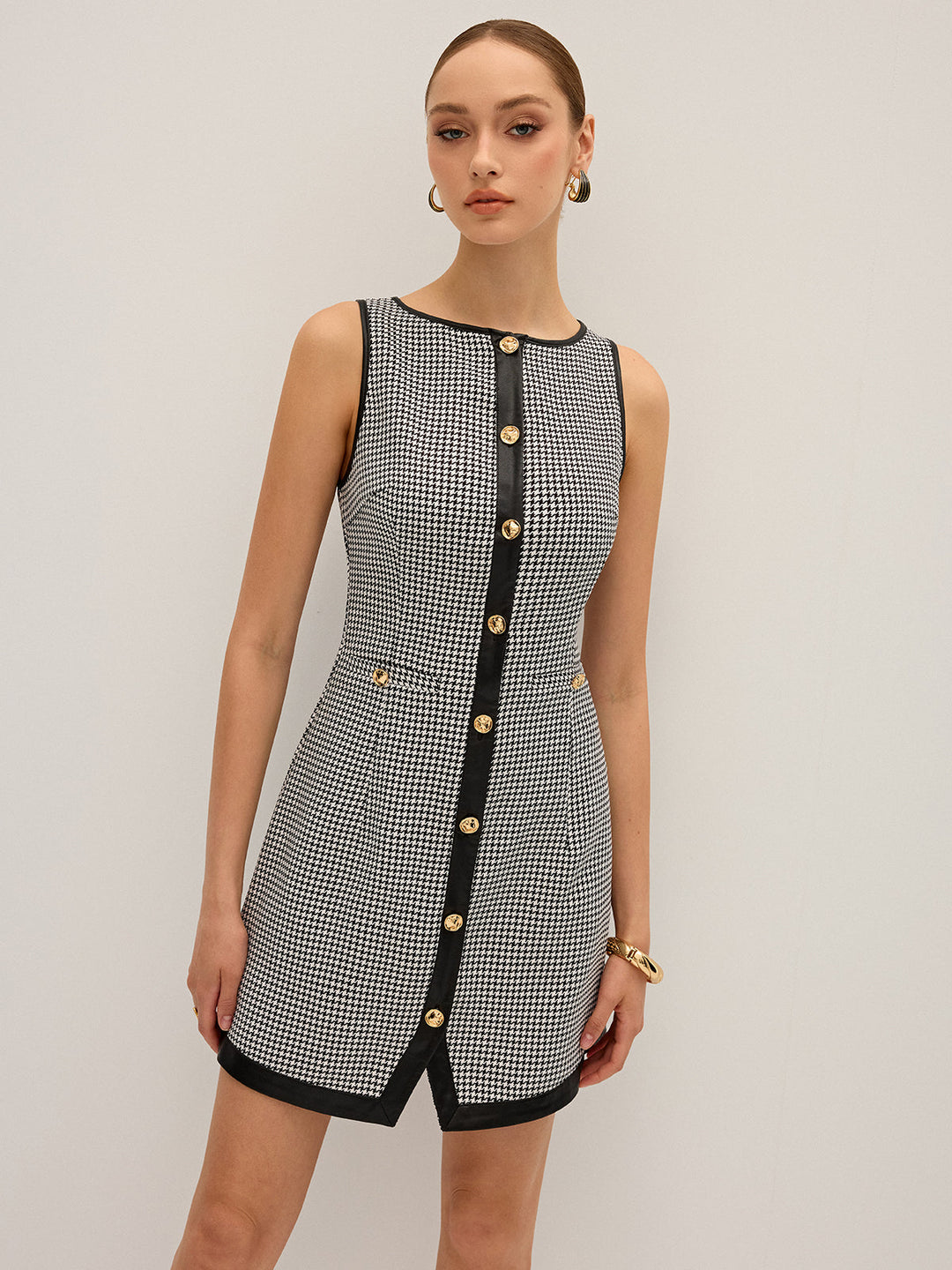 Robe Courte à Mini-Motif Pied-de-Poule en Similicuir