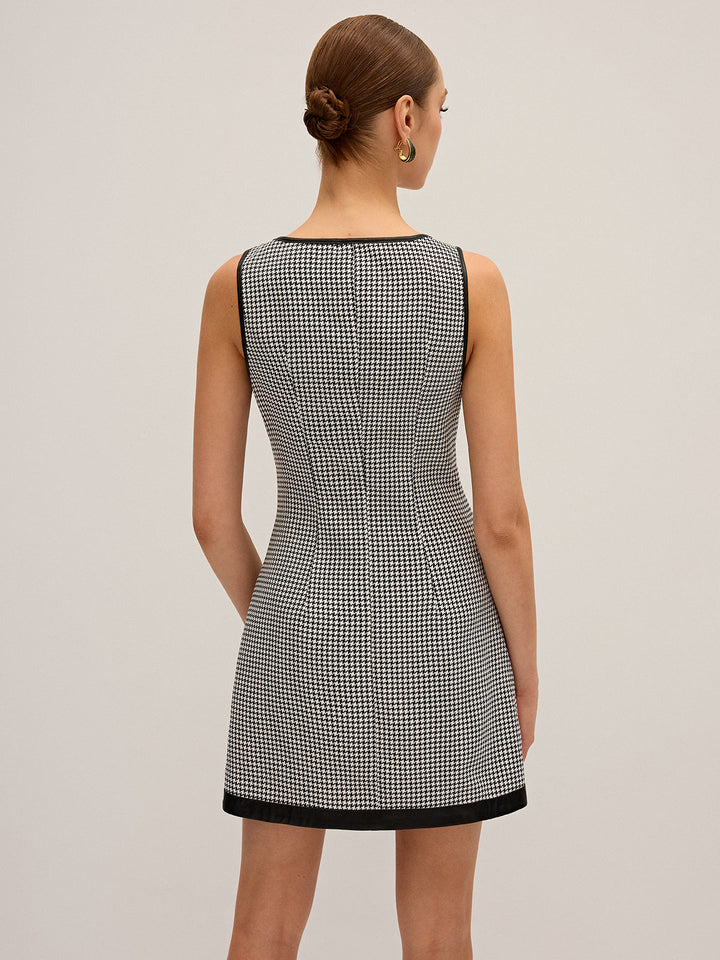 Robe Courte à Mini-Motif Pied-de-Poule en Similicuir