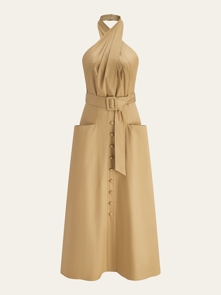 Robe Mi-longue plissée à col bénitier avec ceinture