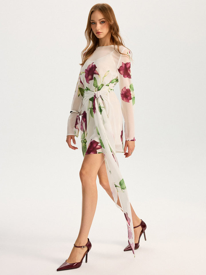 Robe Mini en Mousseline à Imprimé Floral Semi-Transparent