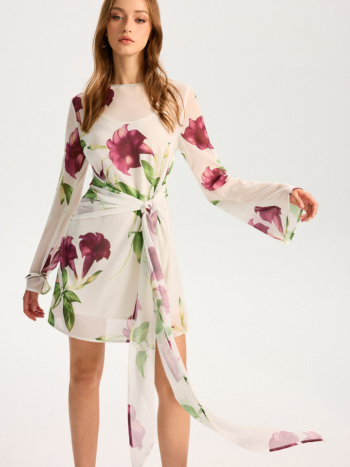 Robe Mini en Mousseline à Imprimé Floral Semi-Transparent