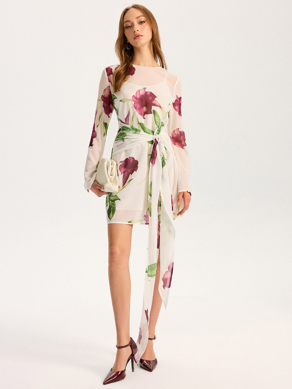 Robe Mini en Mousseline à Imprimé Floral Semi-Transparent