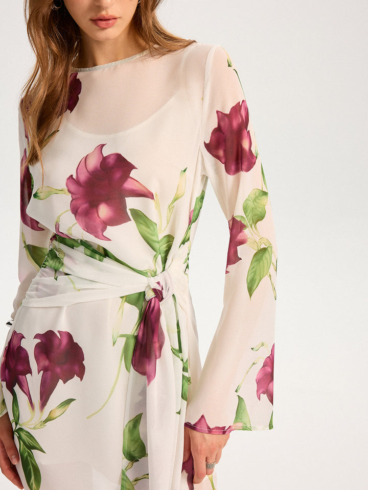 Robe Mini en Mousseline à Imprimé Floral Semi-Transparent