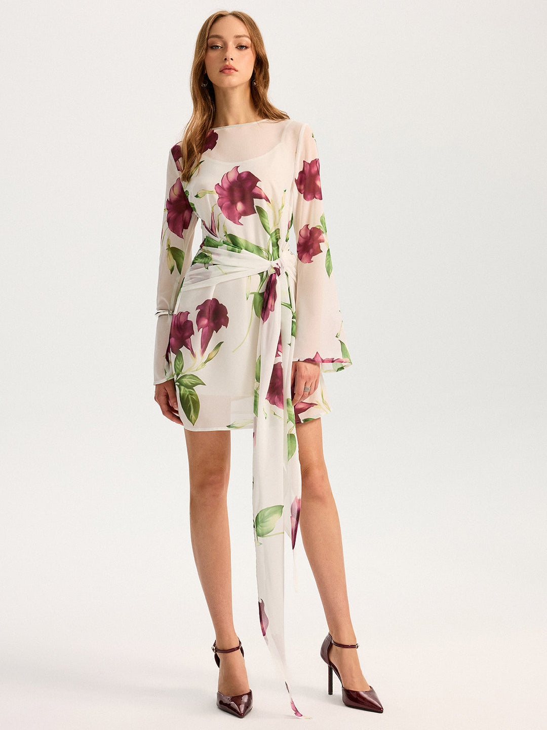 Robe Mini en Mousseline à Imprimé Floral Semi-Transparent