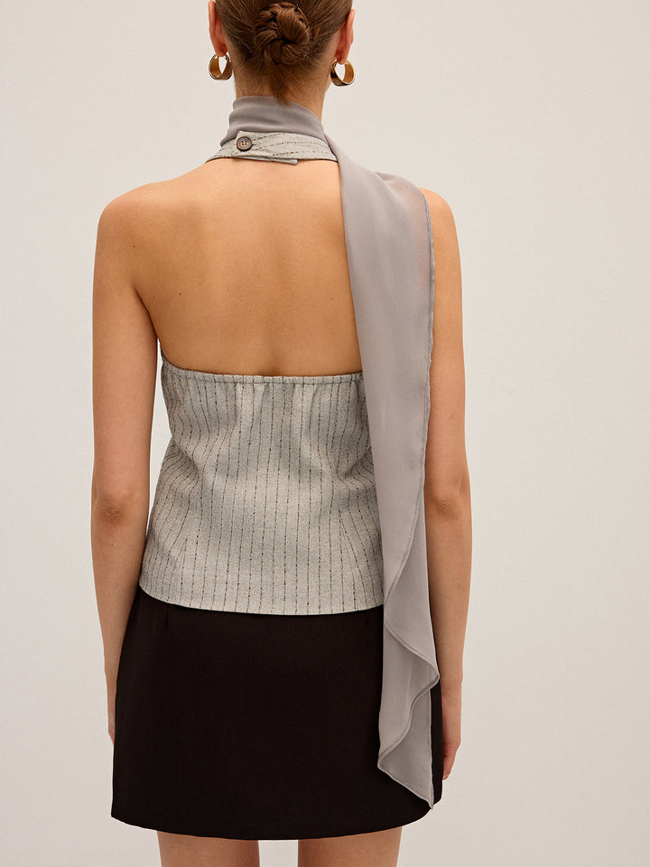 Gilet à encolure américaine rayé avec panneau en ruban de mousseline