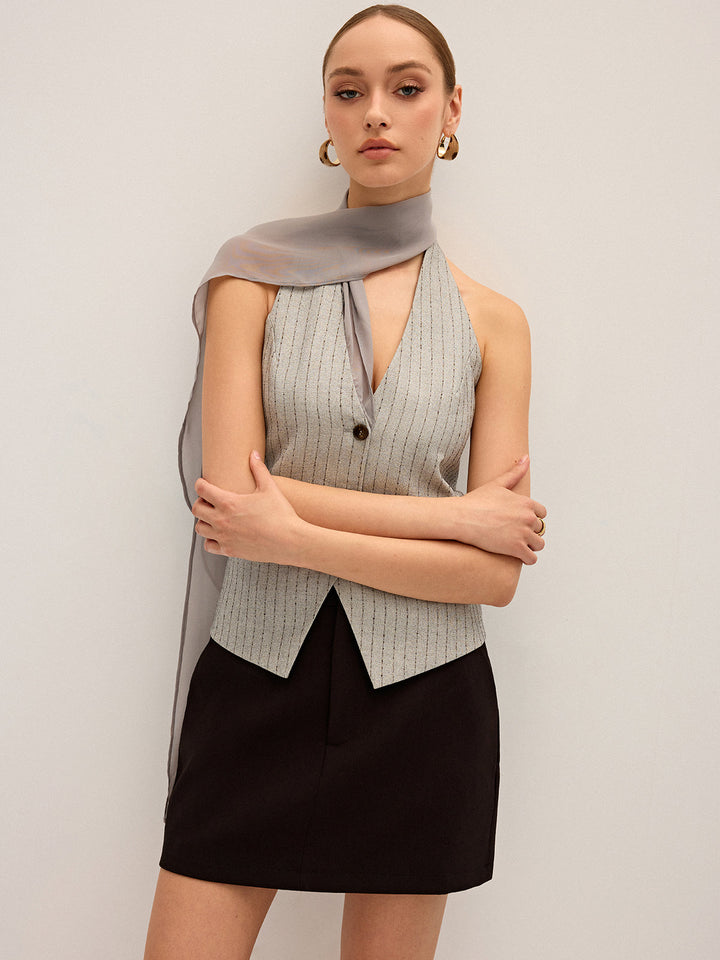 Gilet à encolure américaine rayé avec panneau en ruban de mousseline