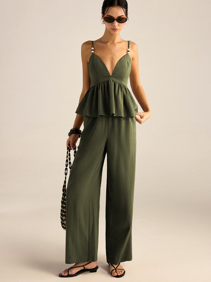 Ensemble haut et pantalon en coton avec bretelles perlées