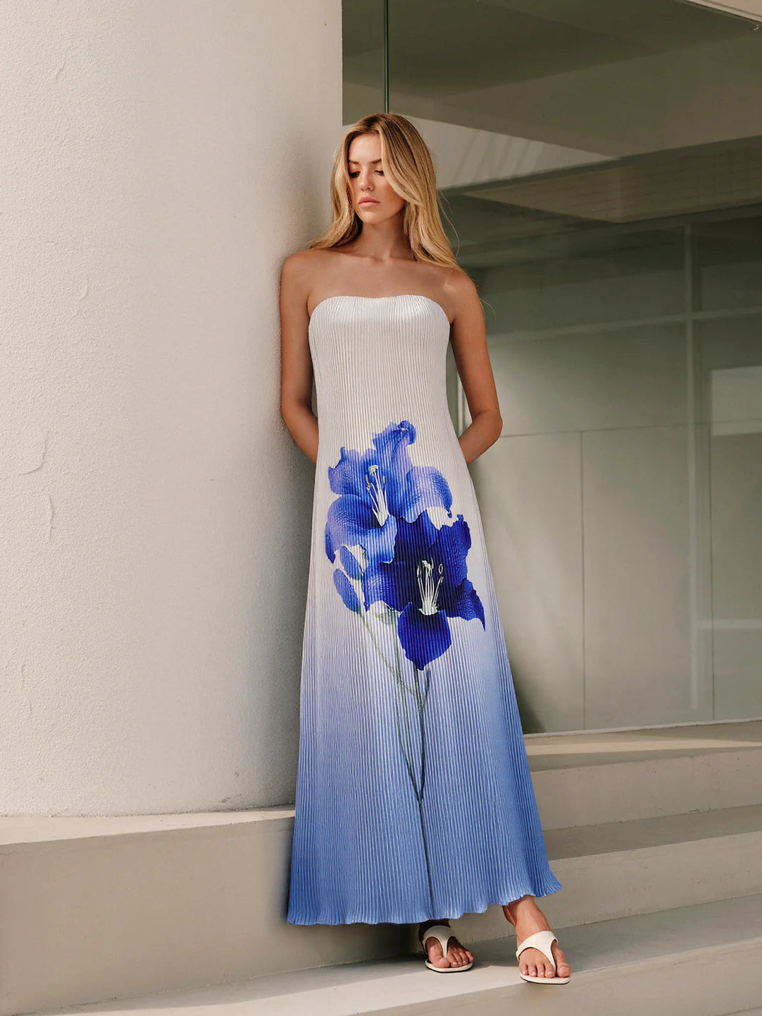Robe Maxi Plissée Sans Bretelles à Imprimé Floral Dégradé