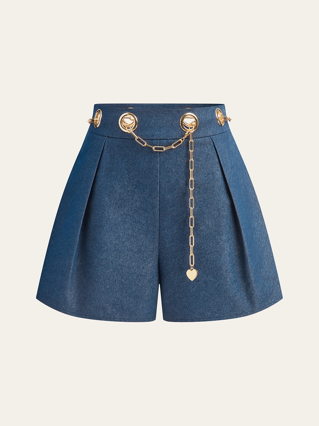 Shorts en faux denim avec ceinture en chaîne métallique