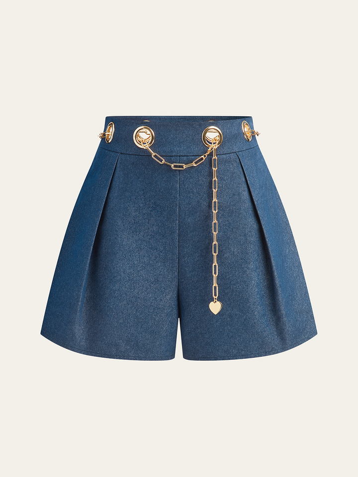 Shorts en faux denim avec ceinture en chaîne métallique