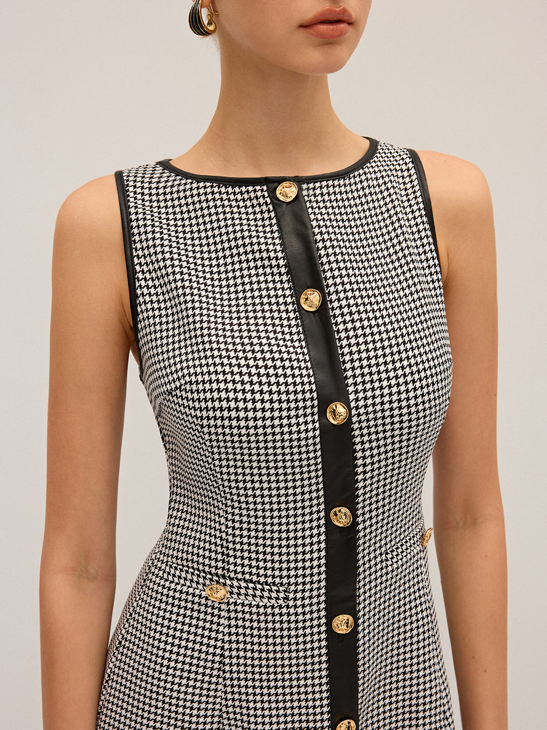 Robe Courte à Mini-Motif Pied-de-Poule en Similicuir