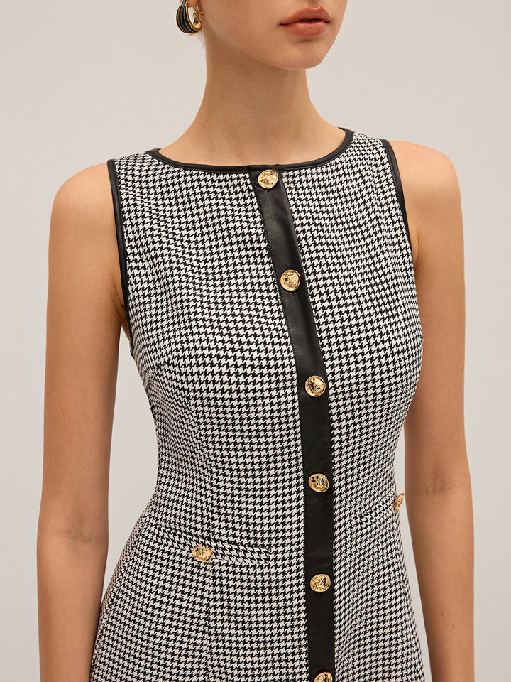 Robe Courte à Mini-Motif Pied-de-Poule en Similicuir