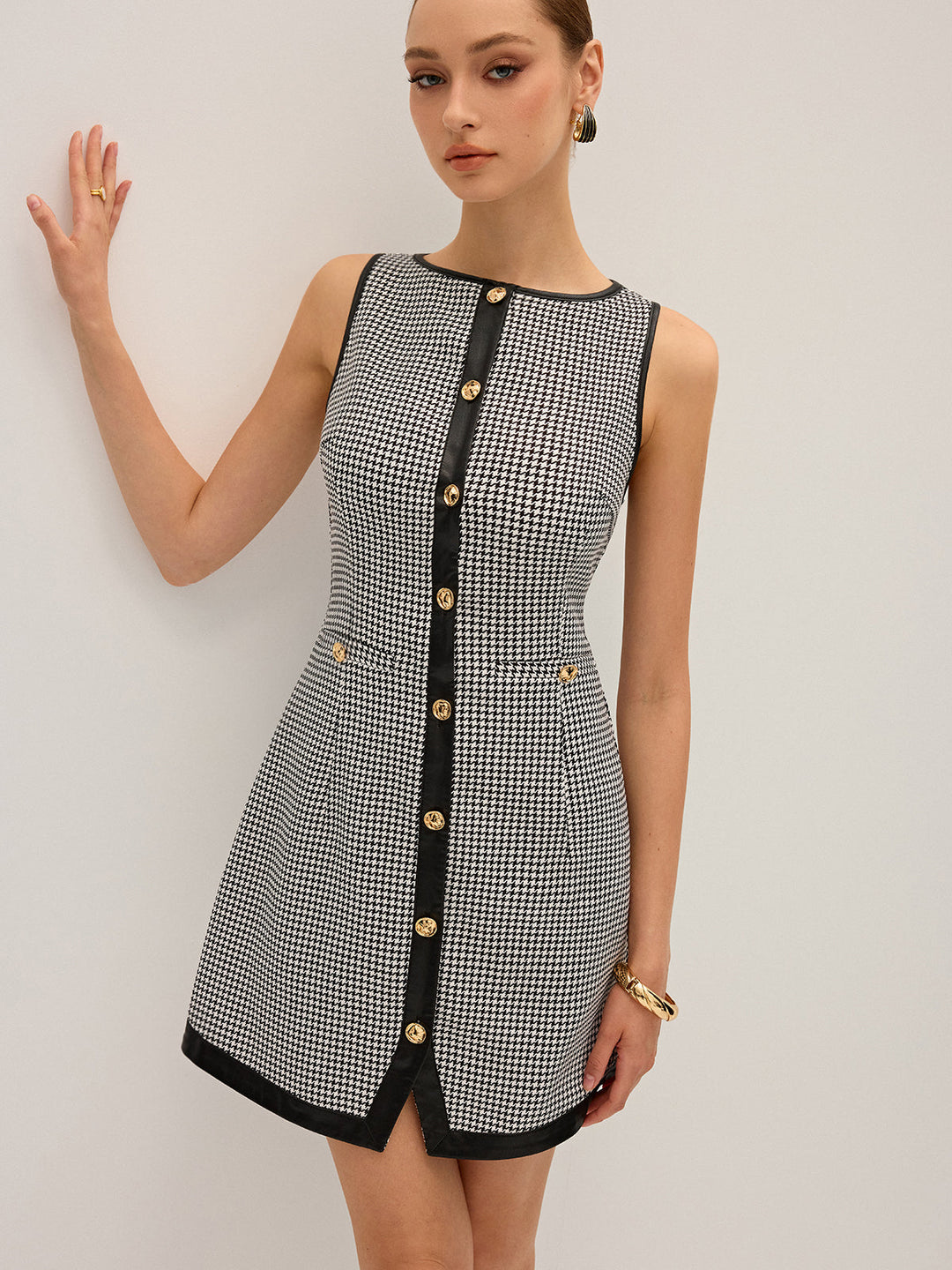 Robe Courte à Mini-Motif Pied-de-Poule en Similicuir