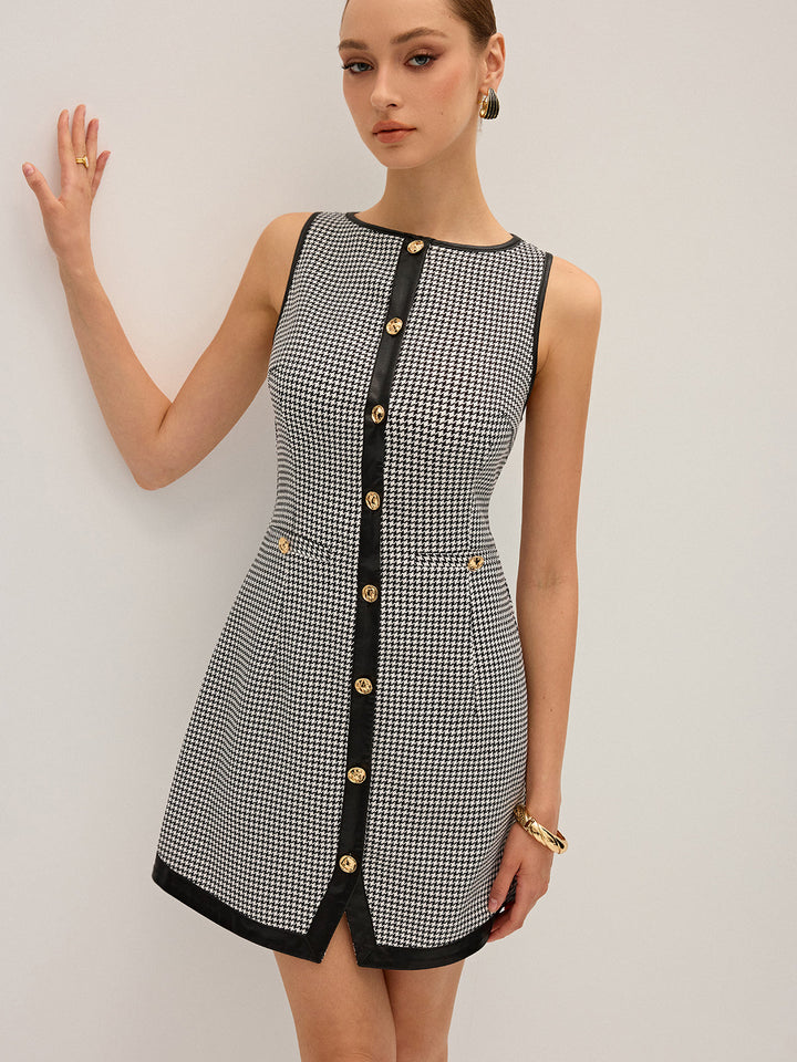 Robe Courte à Mini-Motif Pied-de-Poule en Similicuir