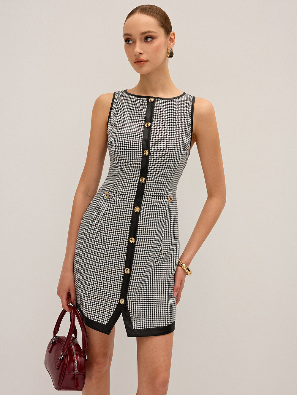 Robe Courte à Mini-Motif Pied-de-Poule en Similicuir