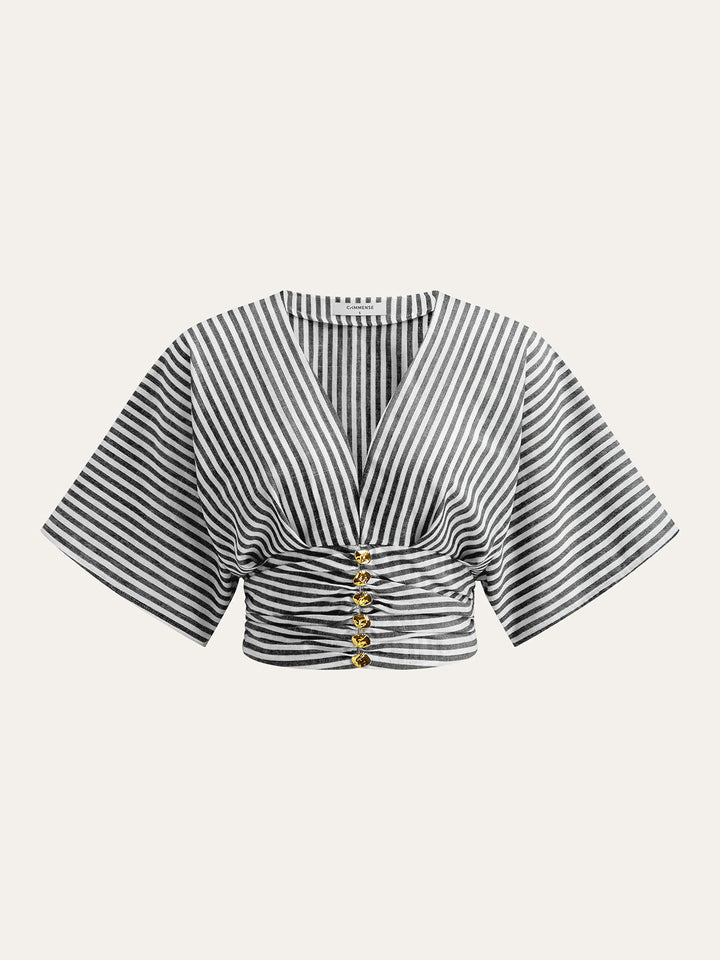 Blouse à rayures froncées avec décoration en métal
