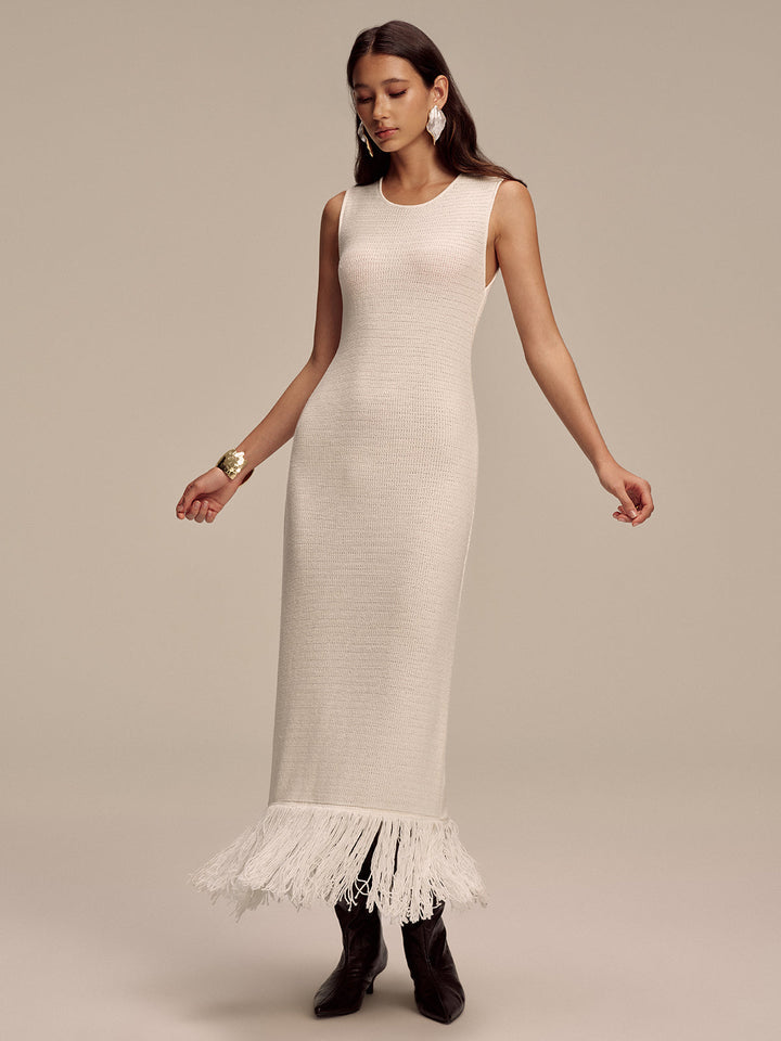 Robe Longue Maille Sans Manches à Ourlet Effiloché