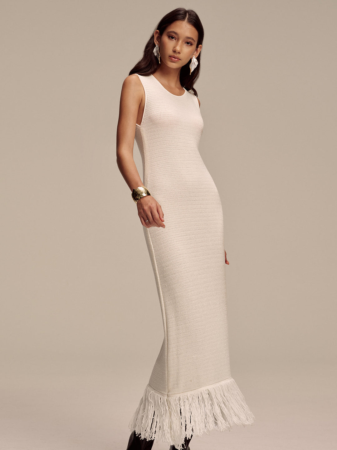 Robe Longue Maille Sans Manches à Ourlet Effiloché