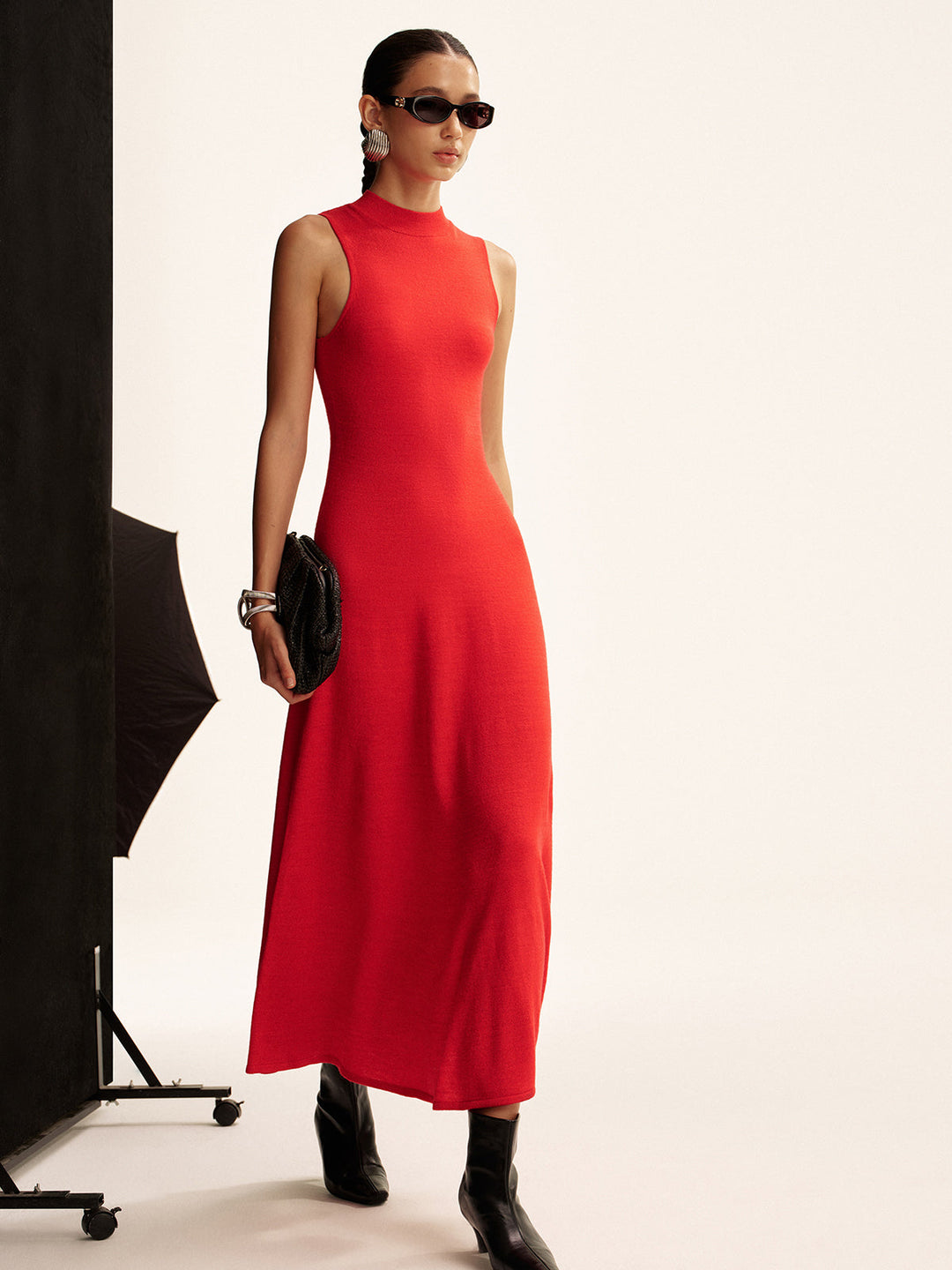 Robe Pull Longue Col Montant Sans Manches en Laine Mélangée