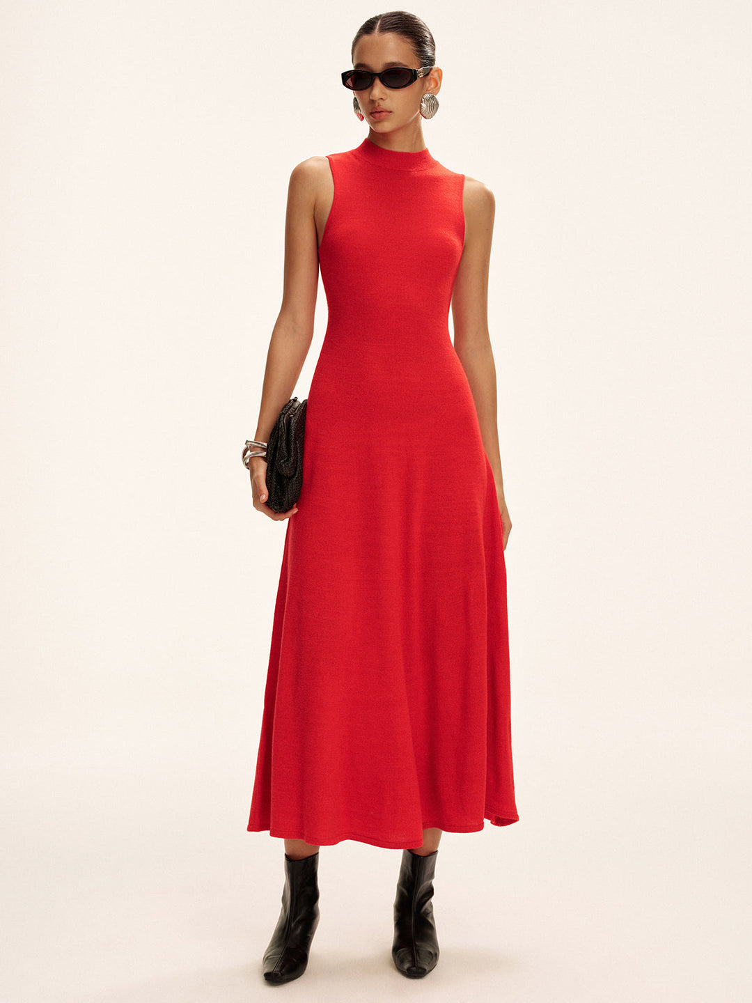 Robe Pull Longue Col Montant Sans Manches en Laine Mélangée