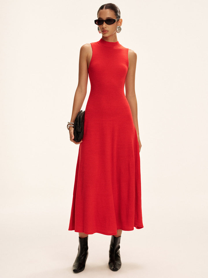 Robe Pull Longue Col Montant Sans Manches en Laine Mélangée