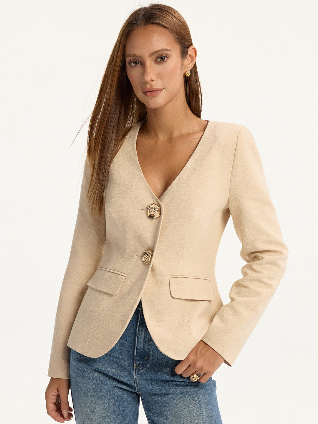 Blazer à col en V en lin et coton avec boutons métalliques