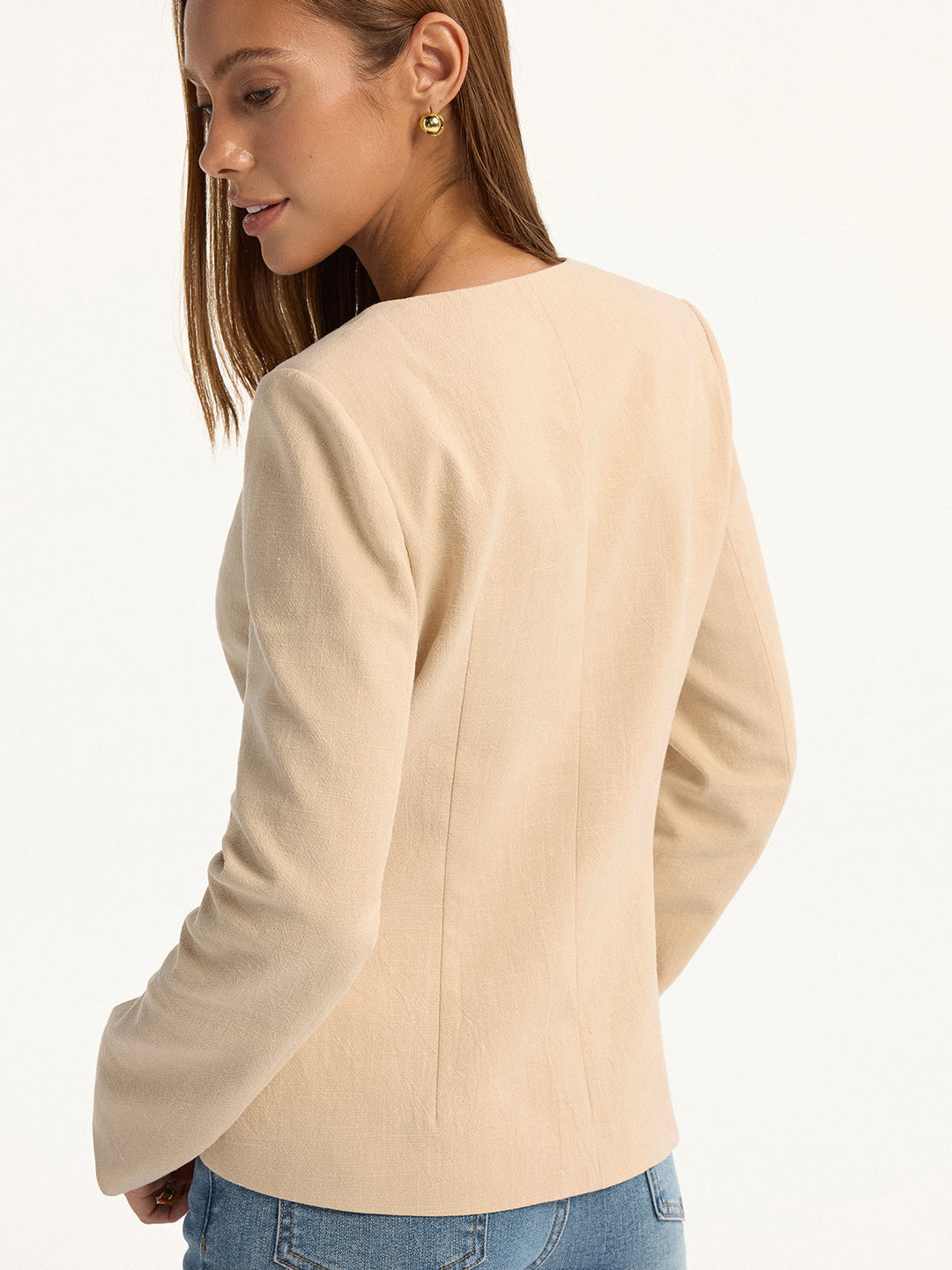 Blazer à col en V en lin et coton avec boutons métalliques