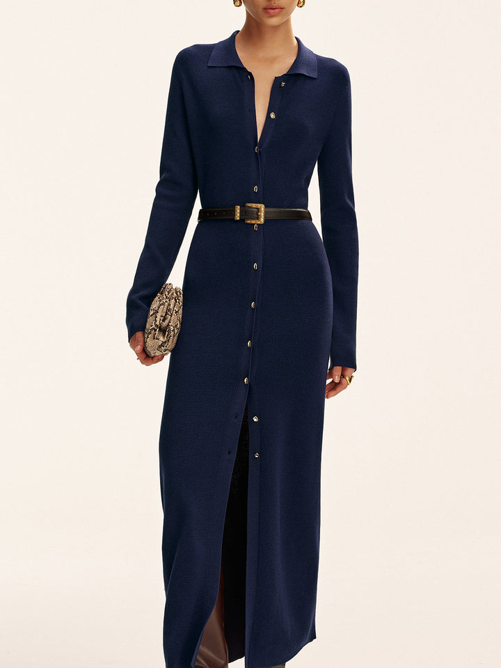 Robe Longue Boutonnée en Tricot sans Ceinture