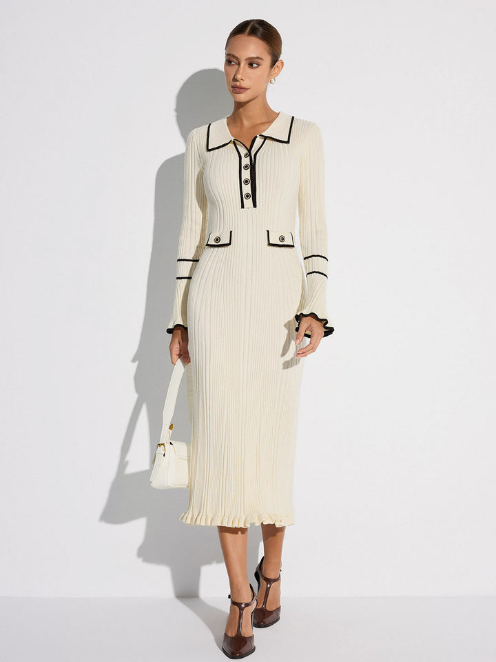 Robe Pull Col Roulé Côtes avec Passepoil Contrastant