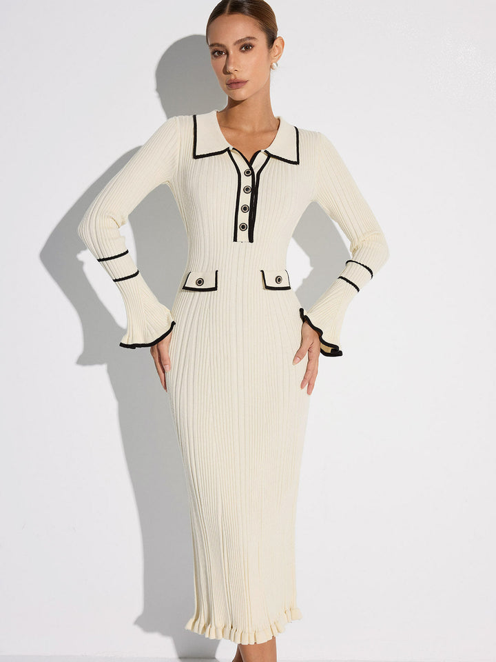 Robe Pull Col Roulé Côtes avec Passepoil Contrastant