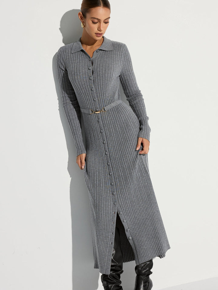 Robe Longue Polo en Tricot Nervuré avec Ceinture