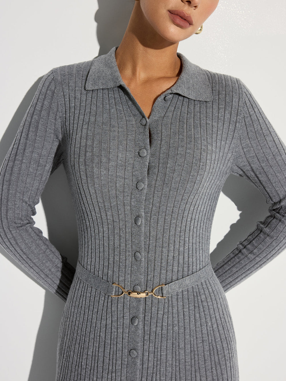 Robe Longue Polo en Tricot Nervuré avec Ceinture