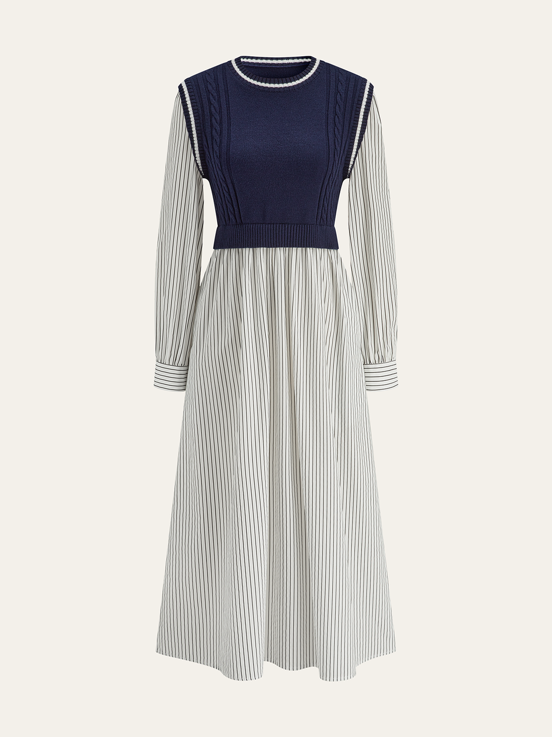 Robe Mi-longue Côtelée à Panneaux Rayés 2 en 1