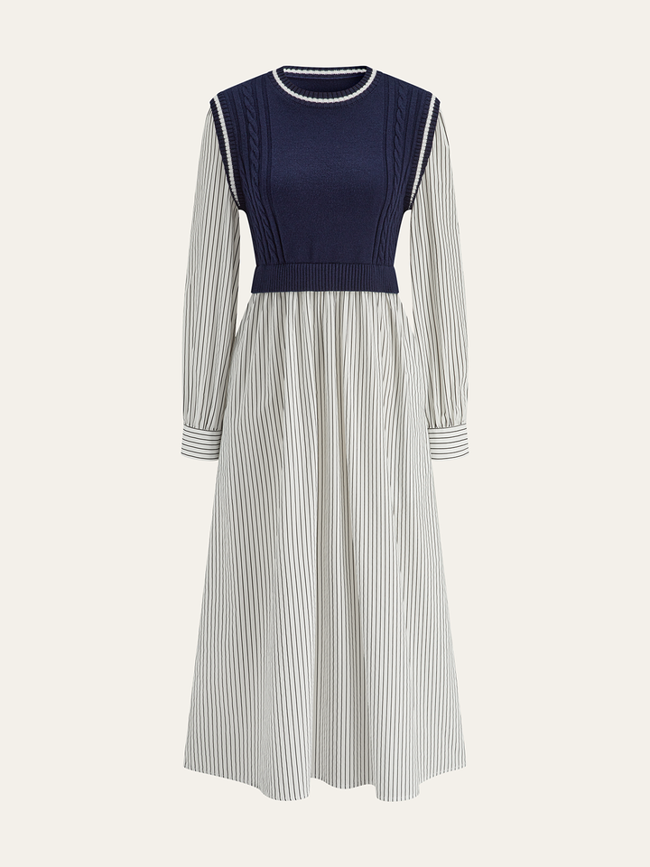 Robe Mi-longue Côtelée à Panneaux Rayés 2 en 1