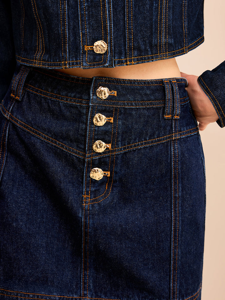 Mini Jupe en Denim à Boutons Métalliques