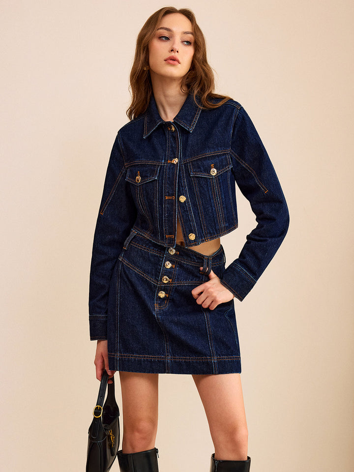 Mini Jupe en Denim à Boutons Métalliques