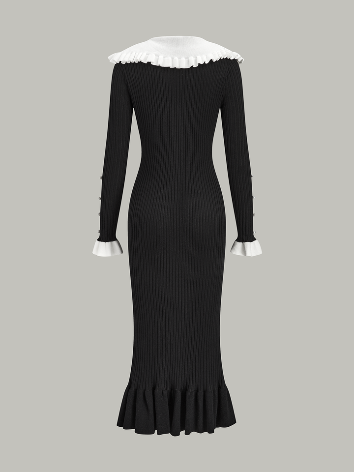 Robe Mi-longue en Maille à Col Volant Contrastant