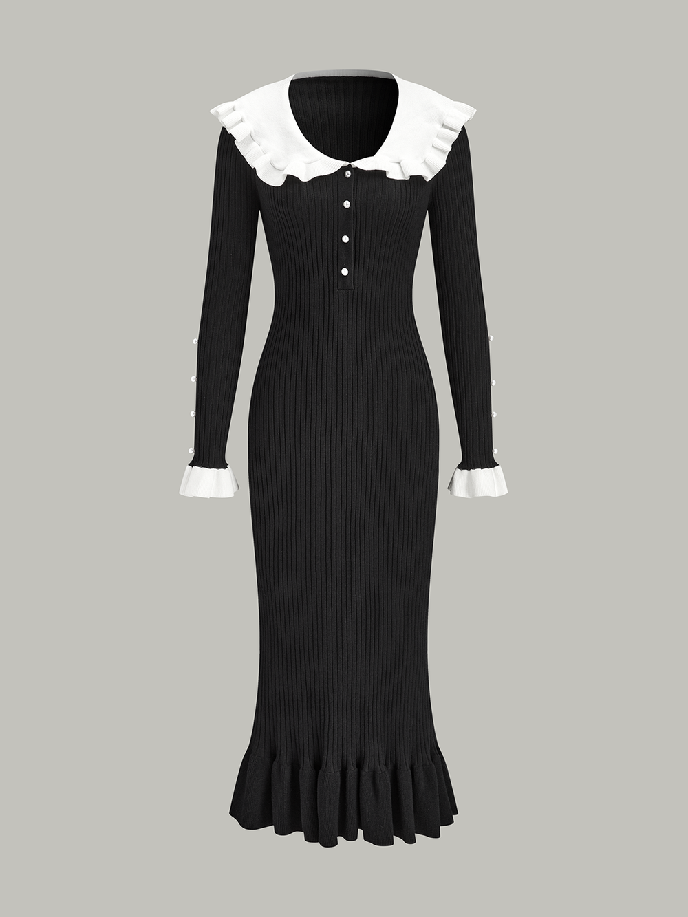 Robe Mi-longue en Maille à Col Volant Contrastant